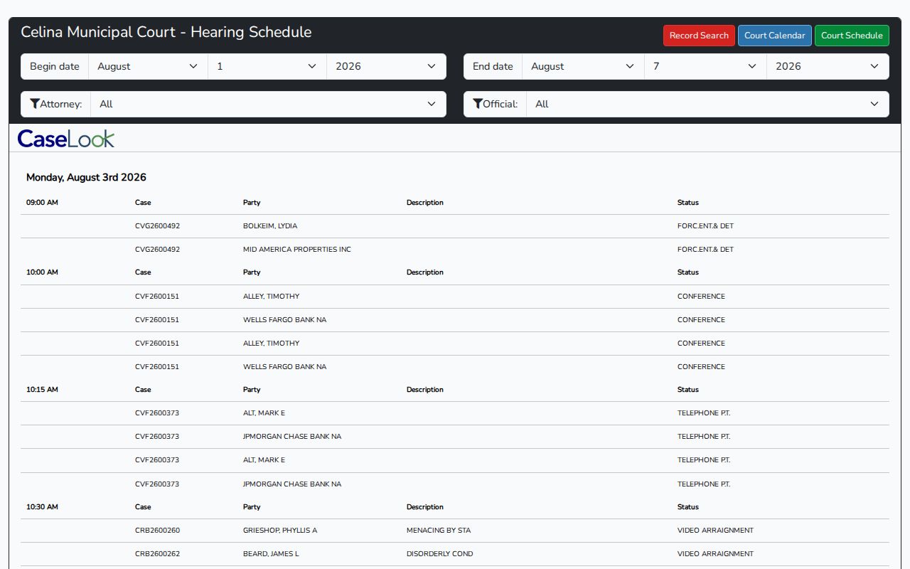 Mercer County court calendar CaseLook Court Schedule interface
